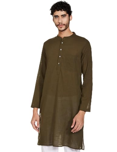 Image of See Designs Men Full Sleeve Cotton Solid Straight Slub Effect Kurta