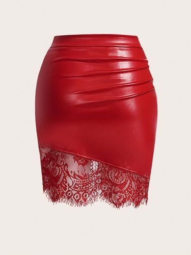 Women's Basic Mini Skirt Ruched Lace & PU Leather Red Skirt2