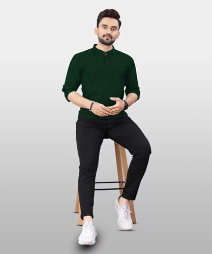 Image of DEEMOON Men's Regular Fit Solid Sprad Collar Casual Shirt with a Trendy Mandarin Collar Crafted from a Premium Cotton Blend