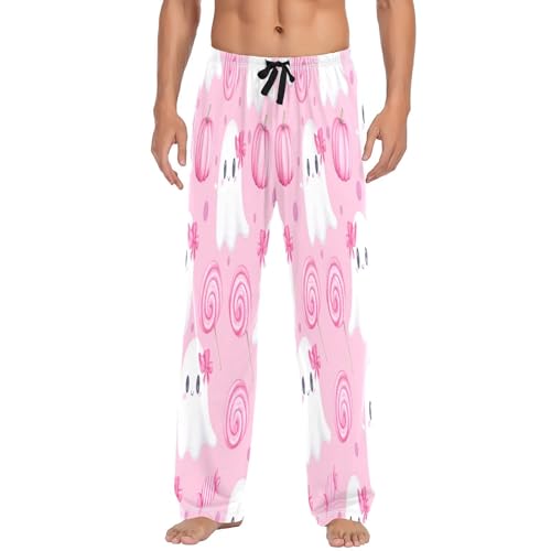 Qilmy Halloween Pink Ghosts Men's Cotton Pajama Pants, Lightweight Lounge Sleepwear with Drawstring and Pocket2