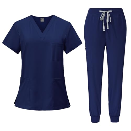 Image of Women Scrubs Sets Vneck Short Sleeve Scrub Tops & Jogger Scrubs Pant
