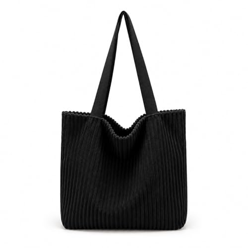 Image of Kawn Korean Tote Bag Aesthetic Corduroy Canvas Handbag for Women Zipper Casual Large Capacity Shoulder Bag with Pockets Versatile Everyday use for College Work Travel & Shopping
