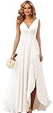 V-Neck Bridal Gowns for Bride 2023 Beach Wedding Dress Ivory Chiffon Ruffle Long Formal Dress Size 12
