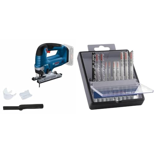 Bosch Professional 18V System Akku Stichsäge GST 18V-125 B (mit Bügelhandgriff, 1x Stichsägeblatt) + 10x PRO Hardwood and Laminate Stichsägeblatt-Set (für Hartholz, Parkett, Länge 83 mm, Zubehör)