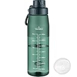 GOPPUS 1L/32oz Clear Tritan Water Bottle with Screw Lid, Drinks Bottle with Wide Mouth, Fruit Infuser, Leakproof, BPA Free, Carry Handle, Measurement Markings, Dust Cap (Dark Green)