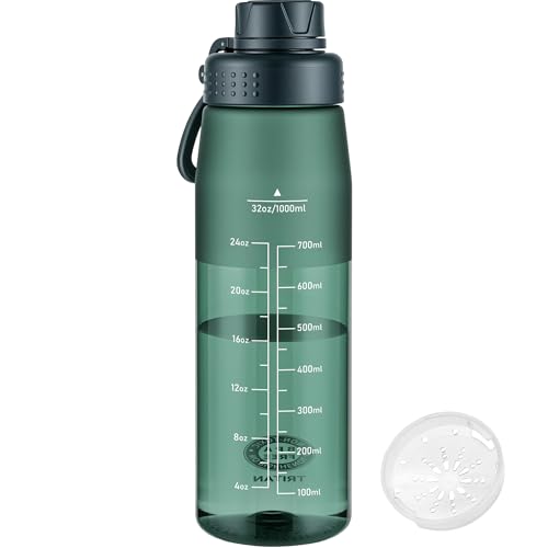 GOPPUS 1L/32oz Clear Tritan Water Bottle with Screw Lid, Drinks Bottle with Wide Mouth, Fruit Infuser, Leakproof, BPA Free, Carry Handle, Measurement Markings, Dust Cap (Dark Green)