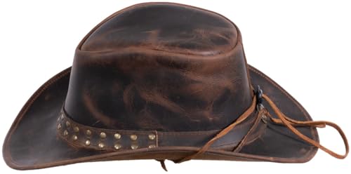 Outback Trading Chapéu de caubói marrom durável de couro Hemlock com cordão de queixo e faixa dupla,