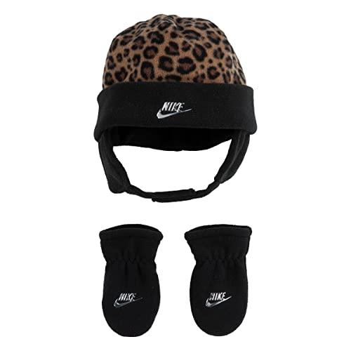 Nike Toddler Girls Leopard Trapper Hat & Mittens 2 Piece Set (Black(1A2951-023)/B, 12-24 Months)