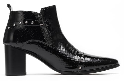 Santimon Men’s Patent Leather Studded Ankle Western Boots – Causal Dress Chelsea Boots with Block Heel & Side Zip, Rock Cowboy Boots for Stage, Party3