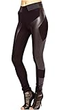 Lotsyle Womens Faux Leather Joint Leggings High Waist Stretch Panel Black Pants,S(Waist:64CM,Hips:76CM,Length:94CM)