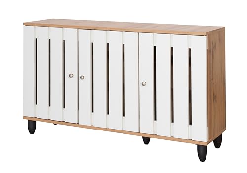 Image of DeckUp Plank Minang 3-Door Engineered Wood Shoe Rack (Wotan Oak And White, Matte Finish), 34X114X68 Cm