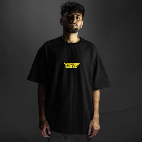 Image of TIIVRA Torque Black Biker Oversized Tshirt Half Sleeve for Men, Cotton, Drop Shoulder, Graphic Printed, Round Neck, High GSM, Back Printed, Black & Yellow Design