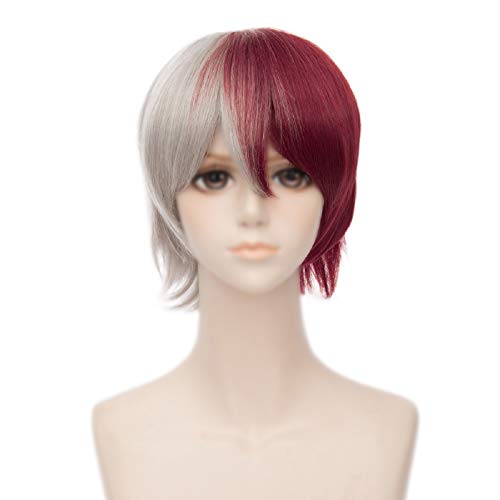 Max Beauty Unisex Anime Short Cosplay Red White Two Tone Wigs with Bangs for Todoroki Shouto for Halloween for My Hero Academia Wig + Free Cap