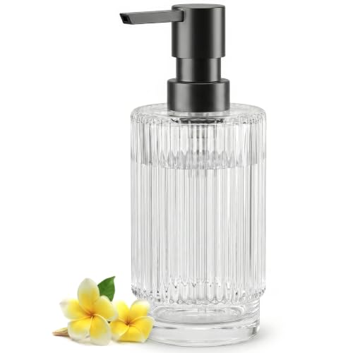 Image of VIMERPA Glass Soap Dispenser with Pump, 10 fl oz Clear Hand Soap Dispensers for Bathroom, Ribbed Style Dish Soap Dispenser for Kitchen, Modern Refillable Liquid Soap Pump Bottle