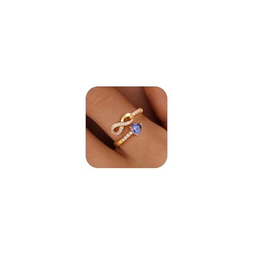 Gold Birthstone Rings for Women Non Tarnish Infinity Promise Ring Adjustable Rings for Women Stackable Dainty 14k Gold Plated CZ Ring Christmas Gifts for Her
