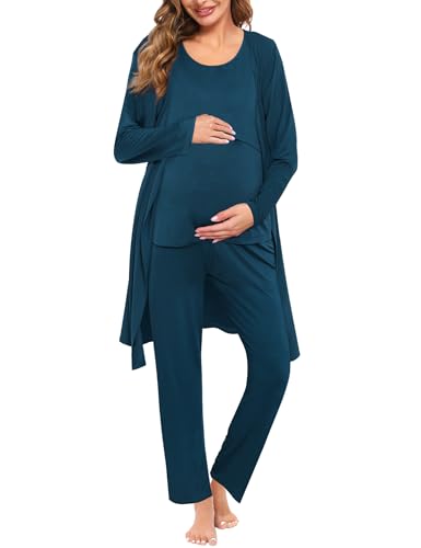 Image of SWOMOG Maternity Nursing Robe Set 3 PCS Women Postpartum Pajamas Breastfeeding Labor Delivery Hospital Pregnancy Pjs