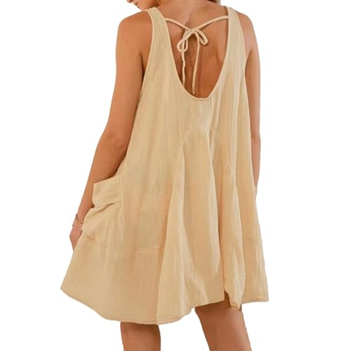 Image of Women Casual Dresses Sleeveless Scoop Neck Backless Tunic Mini Dress Loose Flowy Tank Sundress with Pockets