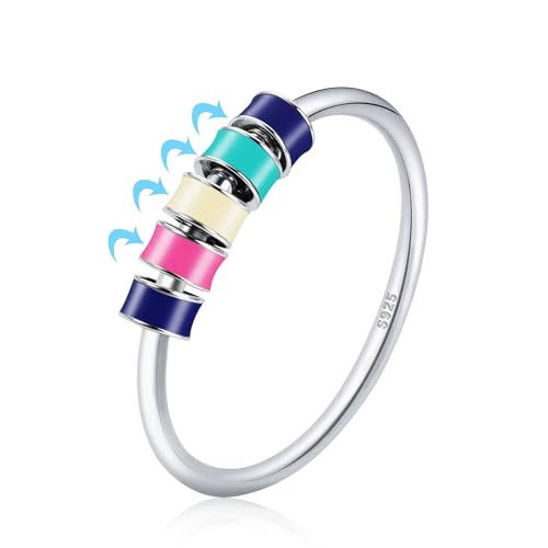 LOVECOM 925 Sterling Silver Fidget Anxiety Ring With Colorful Enamel Beads for Women Stress Relief Spinner Ring Anti Anxiety Rotate Stacking Funny Ring for Mom Daughter