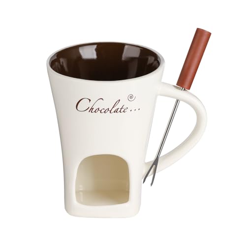 Chocolate Fondue Mug with Fork - Ceramic Fondue Mugs, Melting Chocolate Pot, Cheese Warmer Cup, Light Candle Fondue Melter Set for Home, Off White