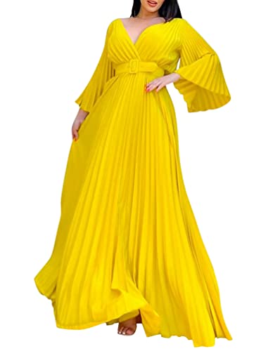 Minetom Robe Maxi Longue Femme Élégant Col V Robe de Cocktail Mariage Soiree Fête Plissé A-Line Rockabilly Swing Robe avec Ceinture Jaune L