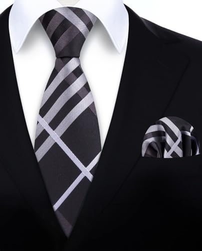 Image of HISDERN Ties for Men Formal Business Plaid Checked Mens Ties and Pocket Square Set Classic Wedding Necktie Handkerchief