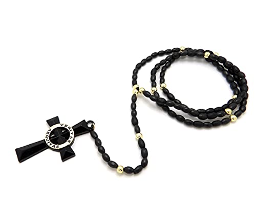 Veritas Aequitas Cross Boondock Saints Pendant 5mm/30" Wooden Bead Rosary Necklace RC4359 (Black/Gold)2