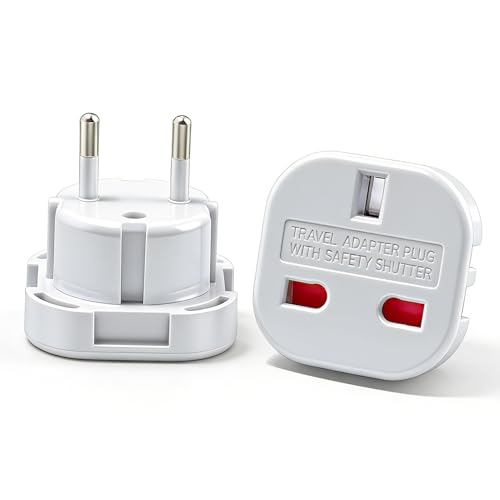 Adaptador de Enchufe Reino Unido a Europa, Adaptador de Viaje con Toma de Tierra Tipo F para Países de la UE, Adaptador UK a EU para Alemania, Francia, España y Otros