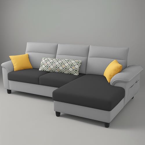 Image of Casaliving Seams RHS 4 Seater L Shape Sofa for Living Room (Black Grey Fabric) Premium Fabric Sofa