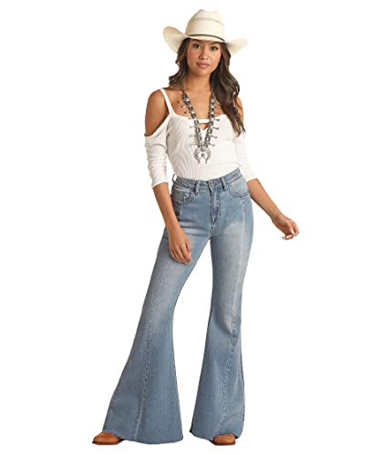 Rock and Roll Cowgirl High-Rise Distressed Bell Bottom Jeans in Light Wash RRWD7HRZTT
