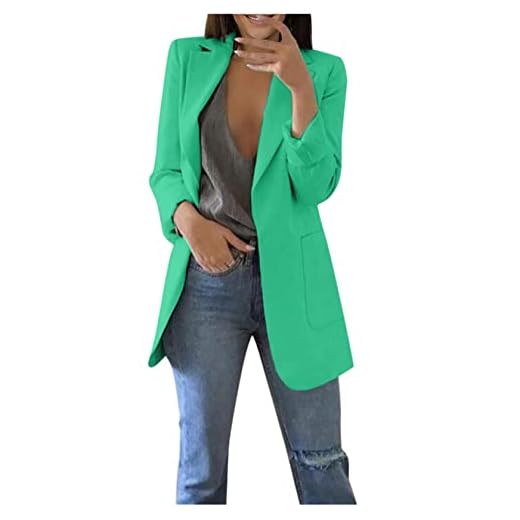 Zldhxyf Damblazer kavaj långärmad elegant linne kappa lös lång enfärgad kavajslag damjacka kofta damblazer kontor lång blazer med ficka, Grön, M