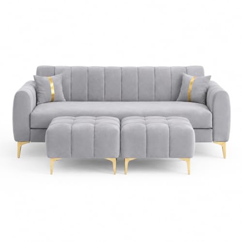 Image of Hermione 5 Seater L Shape Sofa Set with 2 Movable Ottoman | Flexible Left or Right Layout | Luxe Velvet Suede Fabric | Comfortable Seating | Modern Sofa for Living Room - Light Gray