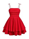 SHENHE Girl's Smocked Ruched A Line Swing Dress Layered Tie Shoulder Flowy Cami Short Dress Red 14 Years