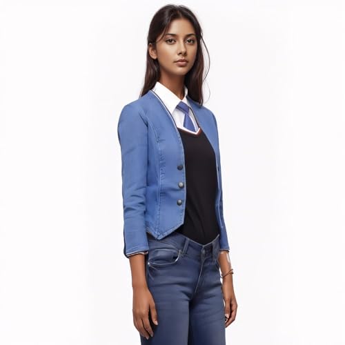Image of Women's Denim Jacket, Blue, Button Front, 3 /4 Sleeves, Cropped Length, Casual Blazer Style