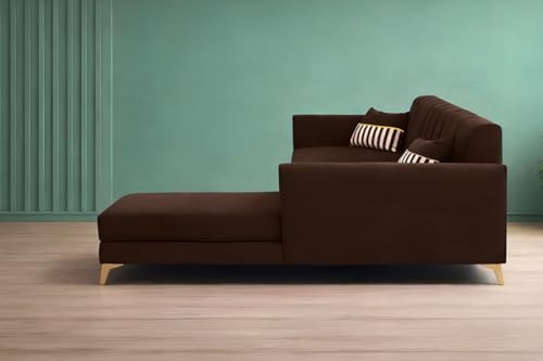 Image of Adorn India Premium Luster 6 Seater L Shape Sofa Set | Velvet Suede Fabric | 3-Year Warranty | RHS |Color Brown with Golden Legs & Striped Pattern Cushion