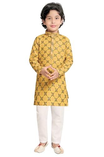 Image of TinySteps Boys' Ethnic Wear - Cotton Lakhnavi Chikan Kurta with Golden Sequence Work and Elastic Waist White Cotton Pajama - Festive & Wedding Outfit