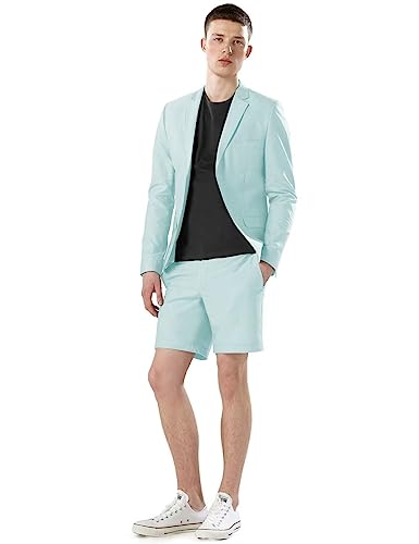 Wangyue Men's 2 Piece Linen Suits Set Linen Blazer Short Pants Slim Fit Casual Summer Beach Seersucker Suit
