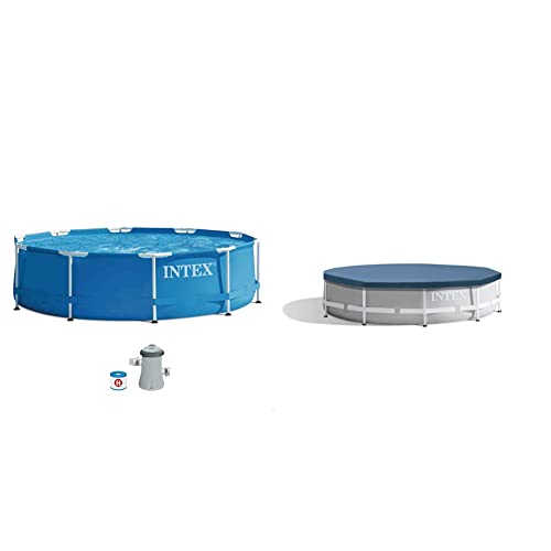 Intex 28202Np - Piscina Redonda Metal Frame 305X76 Cm 4485 Litros + Depuradora, Multicolor + 28030 - Cobertor Piscina Metálica Metal &Amp; Prisma Frame 305 Cm