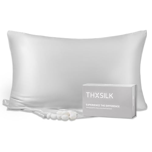 Image of THXSILK Silk Pillowcase for Hair and Skin, 100% Both Side Mulberry Silk Bed Pillowcase with Hidden Zipper, Gift Box, 25 Momme Soft Breathable Smooth, Silk King Pillow Case (Grey /Silver)