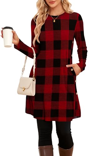 NARRAME Pullover-Kleider für Damen, Winter, langärmelig, Kausale Knöpfe, seitliches Pulloverkleid mit Taschen, XX-Large, rot, schwarz, kariert