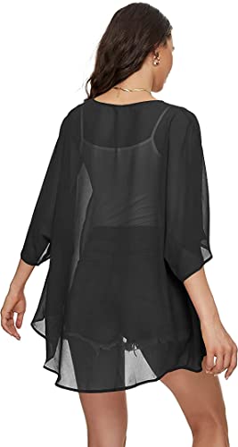 Image of Indian Trendy Women's Solid Puff Sleeve Kimono Cardigan Loose Cover Up Casual Blouse Top Chiffon