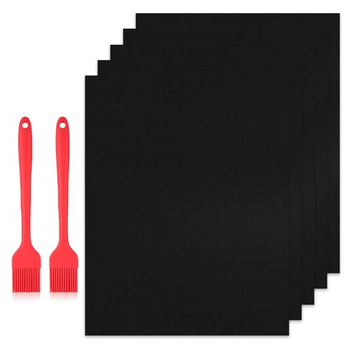 BNGXR Papel de Horno Teflon Reutilizable, 5 Piezas Estera de Barbacoa, Grill BBQ Mats, Tapete para Horno Resistente al Calor, para Gas, Carbón, Parrilla, Carne, Pescado, Verduras, con Cepillo (50x40)