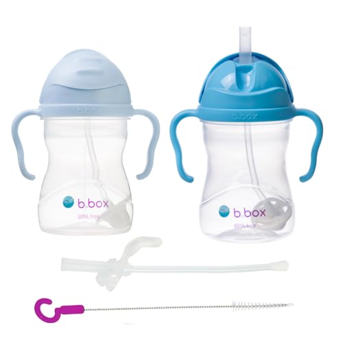 b.box Strohhalmbecher 2er-Set mit Ersatzstrohhalm & Bürste | auslaufsicher, BPA-frei & spülmaschinenfest | Trinklernbecher für Babys & Kleinkinder ab 6 Monaten | 240 ml Hellblau/Dunkelblau
