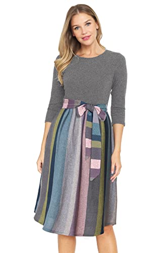 Image of Eloges Women's 3 /4 Sleeve Contrast Waist Band Floral Curved Hem Midi Dress
