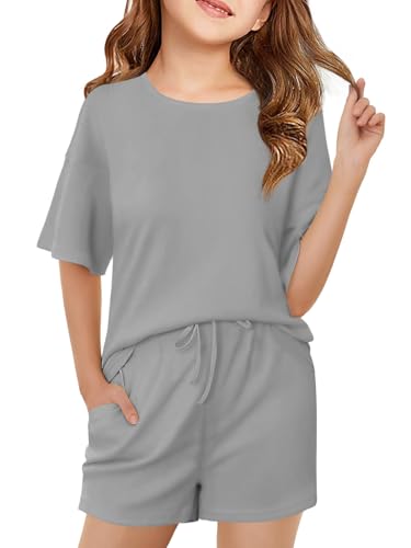 Image of Haloumoning Girls Summer 2 Piece Outfits Kids Oversized T Shirts and Shorts Clothing Sets 5-14 Years