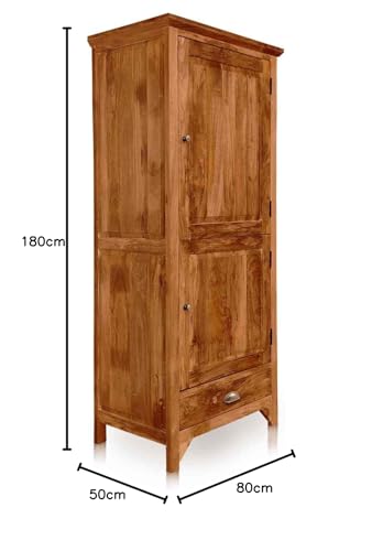 Image of APRODZ Mango Wood Wardrobe for Bedroom 1-Door Unique Front Almirah for Storage /Space Saving 1-Drawer Storage Organizer Rack Clothes Cupboard for Bedroom (Natural)