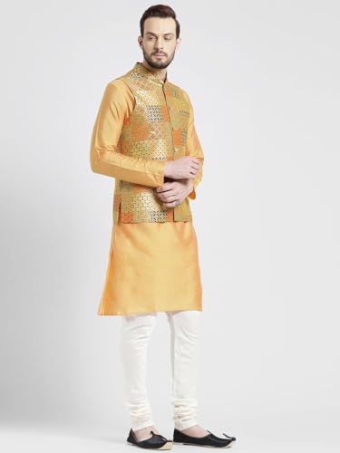 Image of KISAH Men Printed Kurta Jacket Set, Full Sleaves, Knee Length, Straight, Regular Fit, Mandarin Collar Ethnic Wear