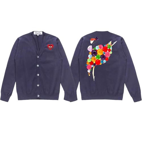 Dance Girl Floral Dress Print Men Cardigan V-Neck Red Snag Eyes Heart Embroidery Cotton Button Casual Open Front Sweater