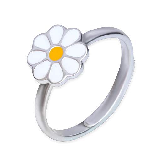 CLEVER SCHMUCK Gänseblümchen Mädchen Ring glänzend poliert Blüte weiß und gelb lackiert 925 Sterling Silber universell einstellbare Größe für Kinder im Etui rosa Cover