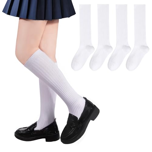 4 Pairs Girls Knee High Socks Stripe Seamless Toe Kids School Uniform Socks Over The Knee Socks for Girls Boys