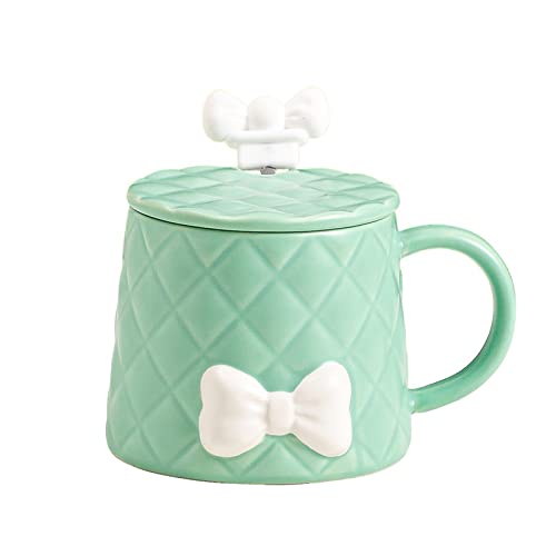 MOMEITU Kawaii Mug Cup Cute Bow Ceramic Cup Cute Girl Water Cup Cute Milk Cup Cute Coffee Cup Kawaii Band Water Cup(350ML,Green)